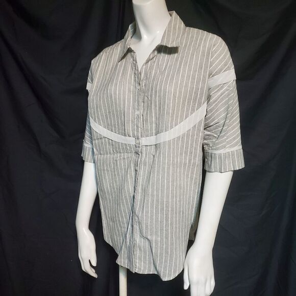NWT Orange Creek Gray & White Striped Button Down - Picture 2 of 6
